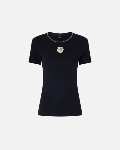 Pinko - Fine-rib T-shirt With Love Birds Embroidery - M In Black