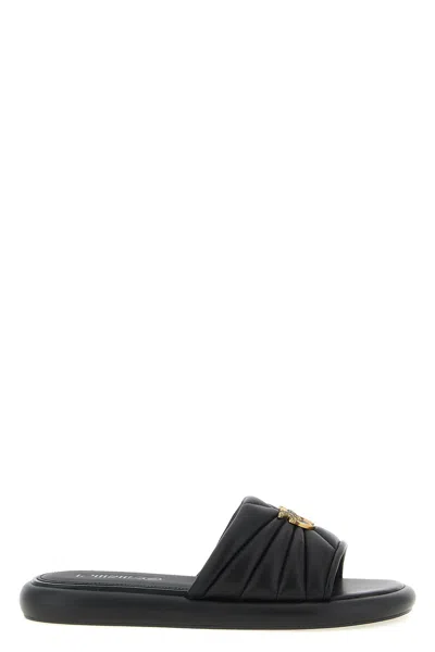 Pinko Fiona Black Slides With Chunky Design And Love Birds Logo Plaque In Leather Woman