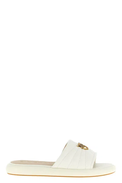 Pinko Fiona White Slides With Chunky Design And Love Birds Logo Plaque In Leather Woman