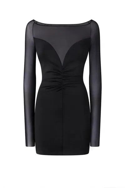 Pinko Fitted Black Dress With Sheer Sleeves And Sweetheart Neckline