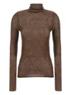 Pinko Fitted Brown Turtleneck Sweater With Subtle Sparkle In Brown
