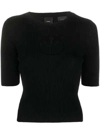 Pinko Fitted Ribbed Knit Sweater With Sheer Logo Detail In Black
