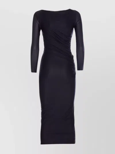 Pinko Black Long Dress With Ruffles And Boat Neckline In Tech Fabric Woman