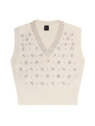 Pinko Fitted Sleeveless Top With Rhinestone Embellishments In Neutral