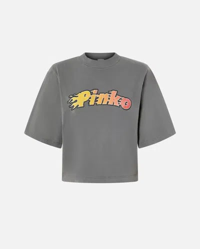 Pinko Flaming Logo Print T-shirt In Grigio-gabbiano Scuro