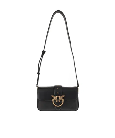 Pinko Love One Classic Black Crossbody Bag With Studded Strap And Love Birds Diamond Cut Plaque On The Fro