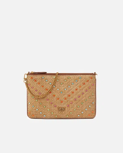 Pinko Flat Bag Medium Raffia Bag With Colored Rhinestones