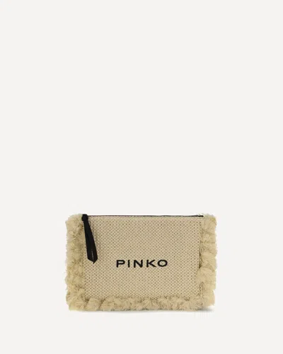 Pinko Flat Handle Clutch In Raffia In Neutral