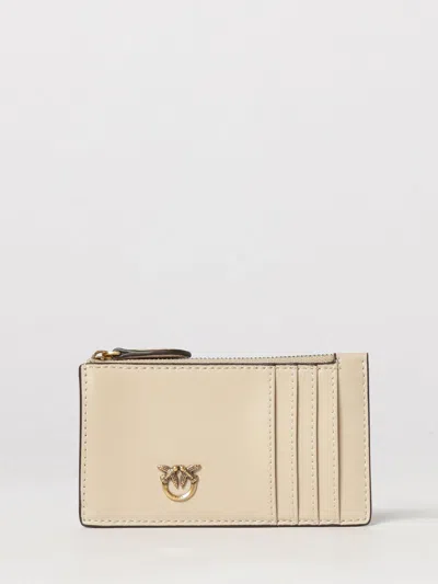 Pinko Flat Leather Card Holder With Love Birds Logo And Zip Closure In Beige