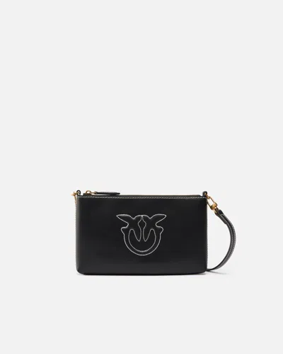 Pinko Flat Leather Crossbody Bag In Nero-antique Gold