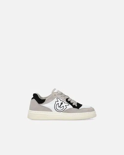 Pinko Flat Leather Sneakers With Contrasting Logo In Sand/black/grey