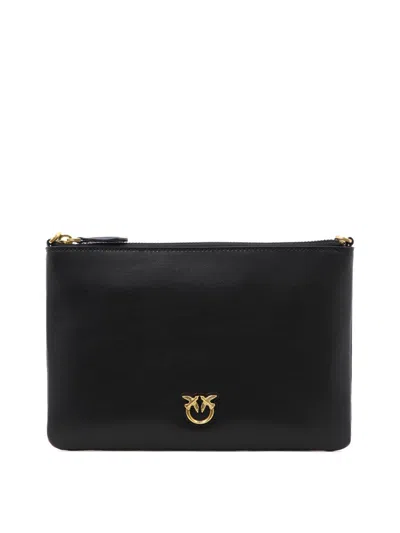 Pinko Flat Love Bag Black Shoulder Bag With Logo Patch In Smooth Leather Woman