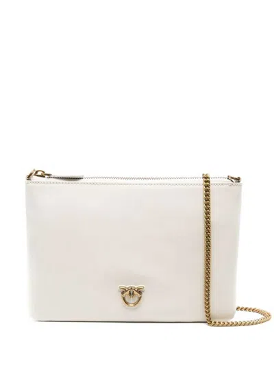 Pinko Flat Love Bag White Shoulder Bag With Logo Patch In Smooth Leather Woman