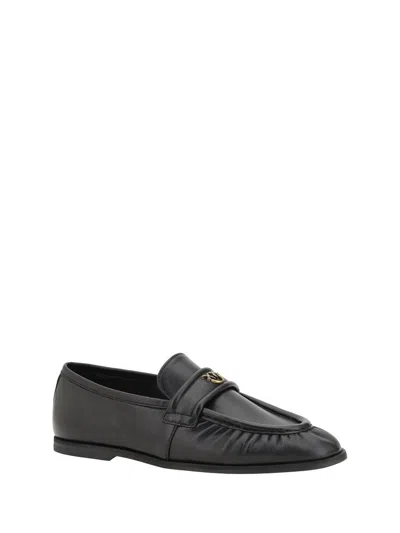 Pinko Black Loafers With Front Metal Logo Detail In Leather Woman