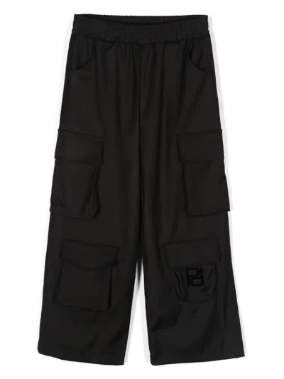 Pinko Kids' Flocked-logo Cargo Trousers In Schwarz