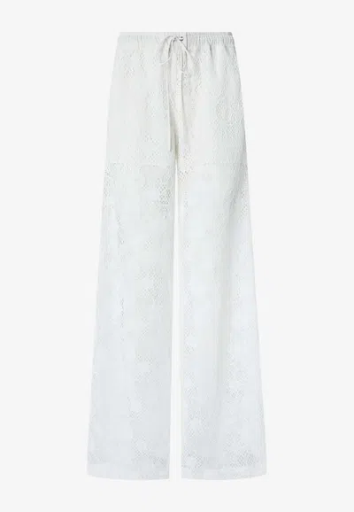 Pinko Floral-embroidered Wide-leg Pants In White