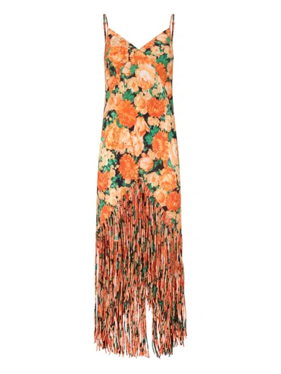 Pinko Long Dress With Fringe And Print In Animal Print