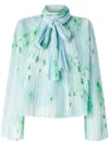 Pinko Pleated Sheer Floral Bow Long Sleeves In Blau