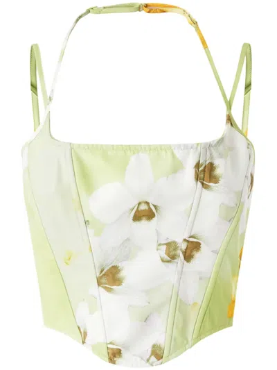 Pinko Floral-print Corset Top In Mult. Green/yellow/white
