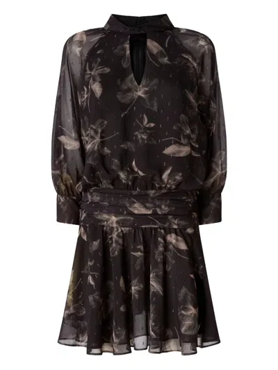 Pinko Floral-print Gathered Mini Dress In Black