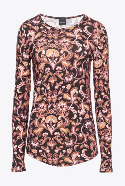 Pinko Floral Print Long-sleeved Jersey In Multi Brown/beige