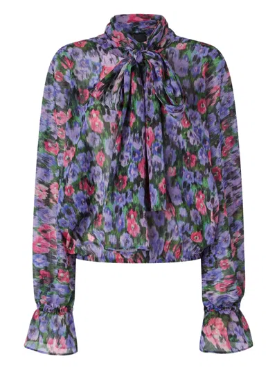 Pinko Floral-print Tie-neck Blouse In Blue