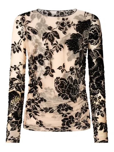Pinko Floral-velvet Mesh Top In Neutral