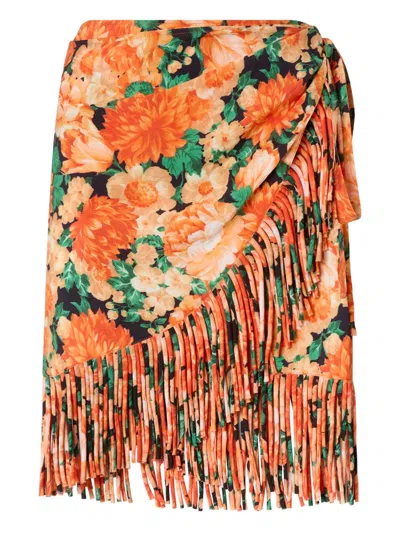 Pinko Floral-pattern Fringed Skirt In Orange