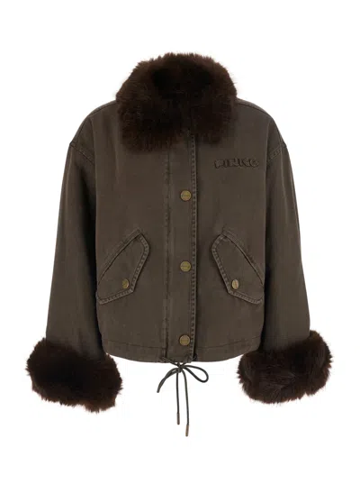 Pinko Fox-effect Cotton Coat In Brown