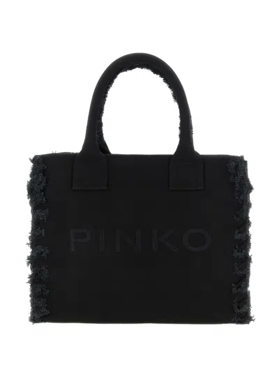 Pinko Frayed Lettering Medium Tote Bag In Black