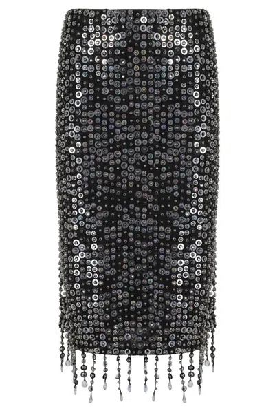 PINKO FRINGED BLACK SEQUINED MIDI SKIRT WITH REMOVABLE UNDERSKIRT