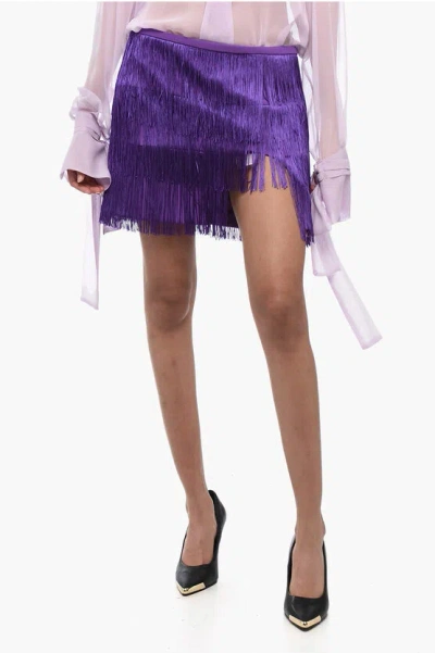 Pinko Fringed Miniskirt With Side Slit In Blue