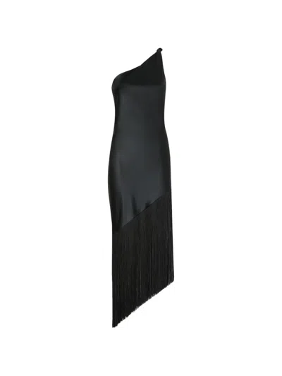 Pinko Fringed One-shoulder Midi Dress In Black
