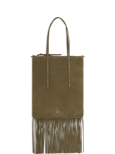 Pinko Fringed Studs Suede Mini Tote Bag In Green