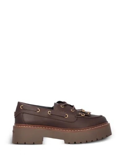 Pinko Brown Margharet 01 Leather Loafers In Animal Print