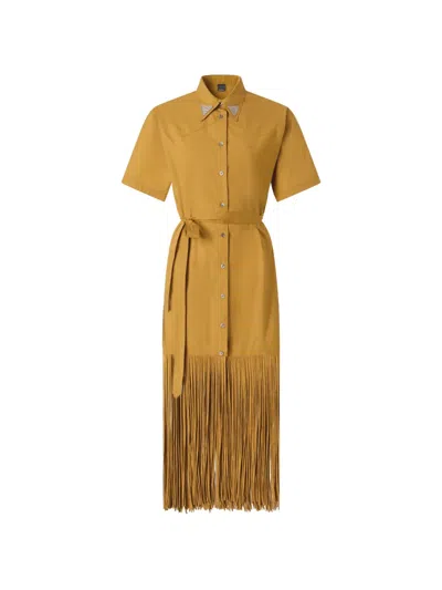 Pinko Fringe-trimmed Belted Midi Shirt Dress In Gold