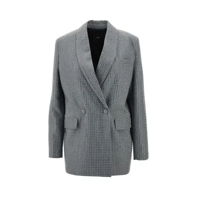 Pinko Double-breasted Blazer With Rhinestones In Grey