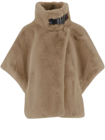 Pinko Fur-effect Fabric Cape With High Collar And Faux Leather Accents In Brown