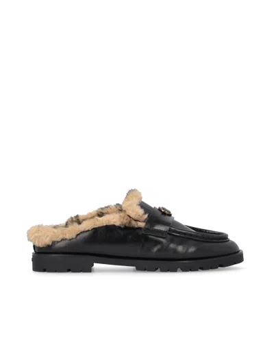 Pinko Fur-lined Leather Loafer Mule In Nero