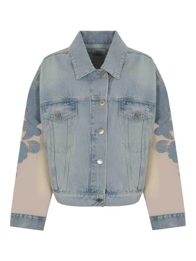 Pinko Gaborone Denim Jacket With Organza Sleeves In Blue