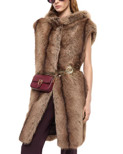 Pinko Galearis Faux Fur Hooded Long Vest In Brown