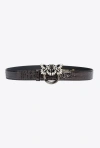 Pinko Galleria 3cm Croc-print Belt With Love Birds Buckle In Black-light Gold