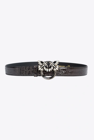 Pinko Galleria 3cm Croc-print Belt With Love Birds Buckle In Black-light Gold