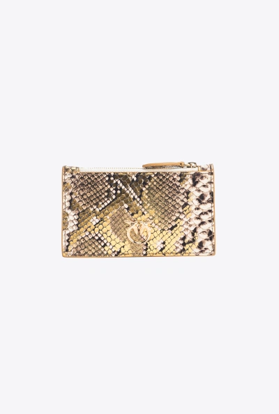 Pinko Galleria Card Holder In Laminated Reptile-print Leather In Gold/grey-gold