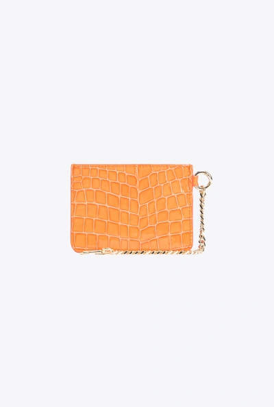 Pinko Galleria Card Holder In Shiny Coloured Croc-print Leather In Orange-light Gold