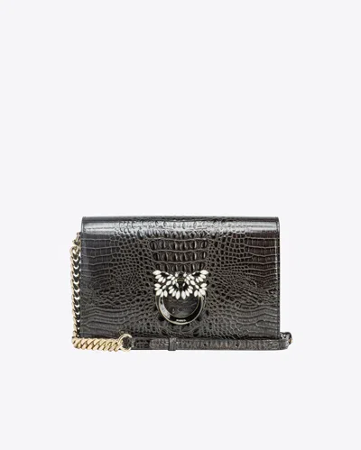 Pinko Galleria Classic Love Bag Click In Shiny Crocodile-print Leather In Black-light Gold