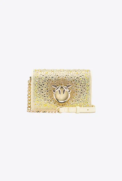 Pinko Galleria Full-rhinestone Mini Love Bag Click In Beige Safari-or Clair