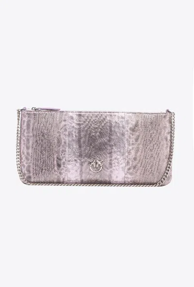 Pinko Galleria Horizontal Flat Crossbody Bag In Glittery Reptile Leather In Lilas-vieil Argent
