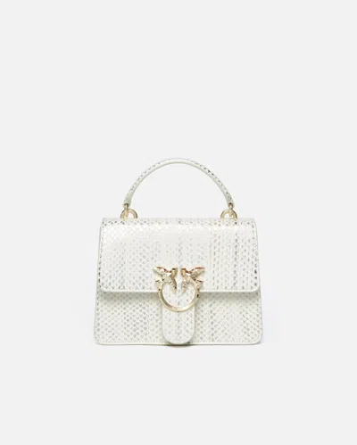 Pinko Galleria Laminated Reptile Skin Bag With Shoulder Strap And Handle In Blanc/argent-or Clair