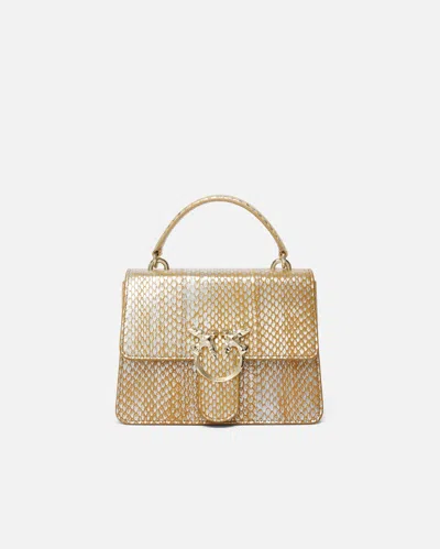 Pinko Galleria Laminated Reptile Skin Bag With Shoulder Strap And Handle In Or/argent-or Clair